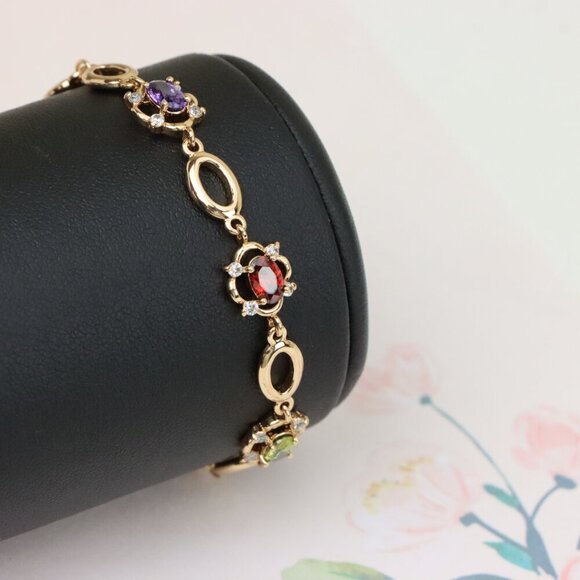 "Elegant Multicolor Oval Link Rose Gold Bracelet with Gemstones, XPBL1019 - Picture 2 of 11
